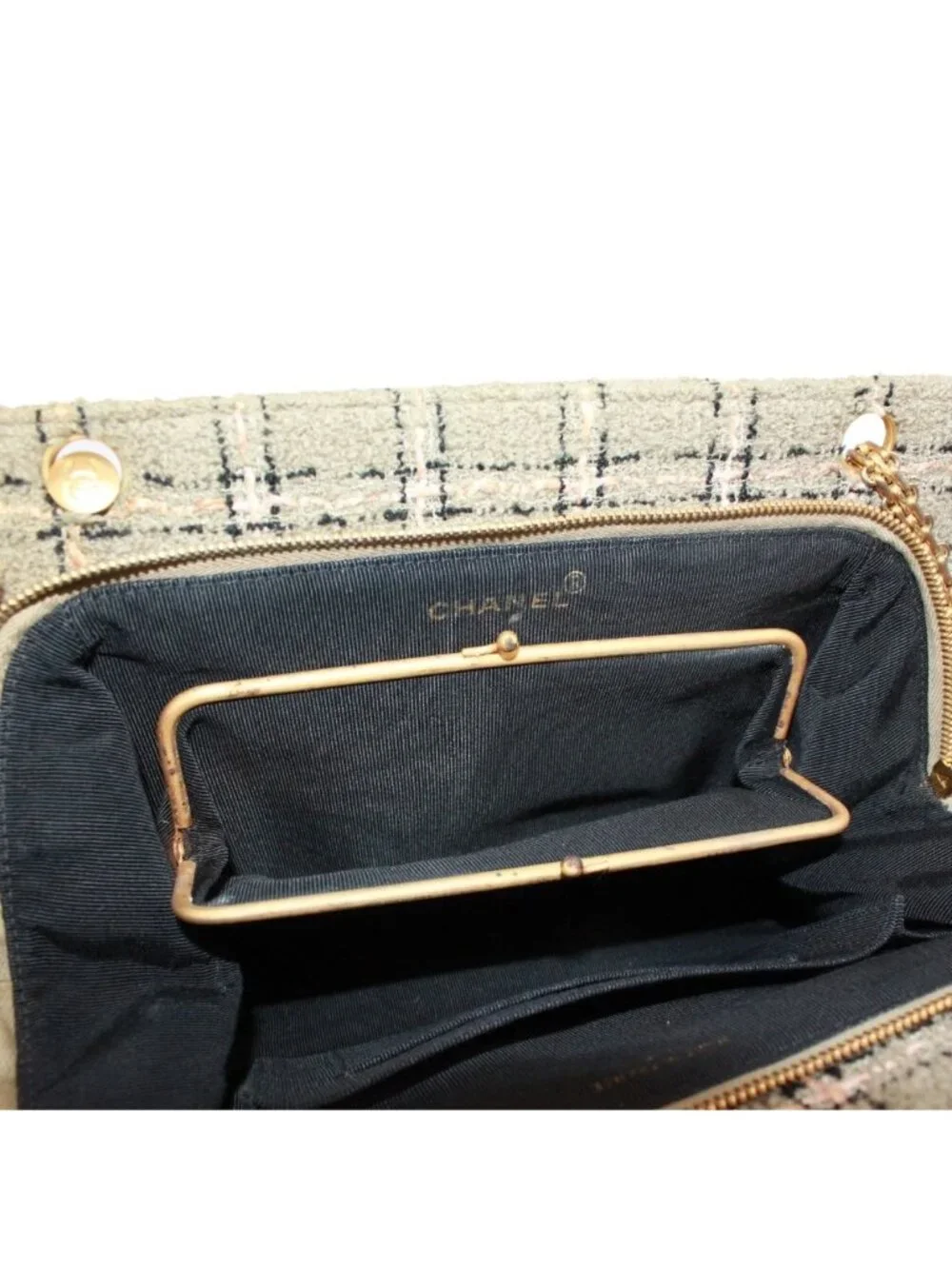 Chanel Tweed Pink Beige Shoulder Bag Gold
